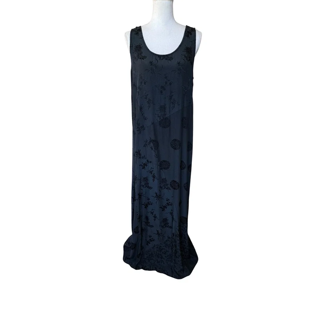 Citron Santa Monica Silk Burnout Velvet Floral Maxi Dress Black Sleeveless L